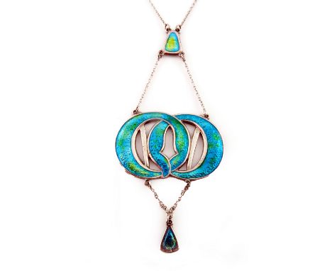 Charles Horner, an Arts and Crafts silver and enamelled necklace, Chester circa 1910, the central panel of interlocking coile