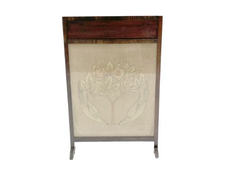 An Arts and Crafts embroidered fire screen, in the style of Voysey, the central panel with rose tree flanked by doves, in pla