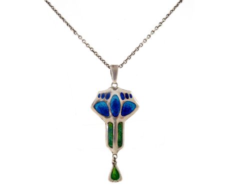 Charles Horner, an Arts and Crafts silver and enamelled pendant, Chester 1909, geometric poppy head design with panels of gre