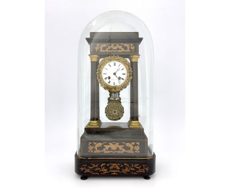 Rochet Paris, a 19th Century rosewood marquetry inlaid portico bracket clock, of architectural form with an inlaid pediment s