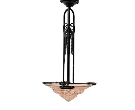 A French Art Deco wrought iron and pink glass pendant light fitting, in the style of Majorelle