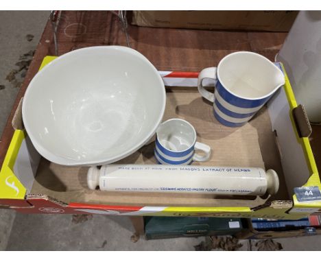 A T.G. Green &amp; Co mixing bowl, two jugs and a ceramic rolling pin