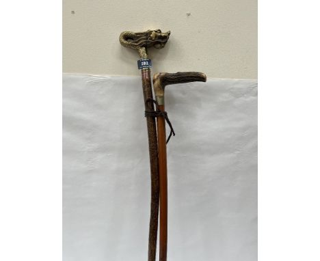 A walking stick with cast brass dragon head pommel together with a malacca stick with antler pommel 