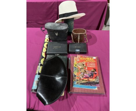 Cased medical instruments, Panama hat, two vintage comics, Dr Who poster etc.