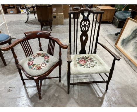 A Victorian corner elbow chair with tapestry seat and a beechwood elbow chair with a shaped pierced splat