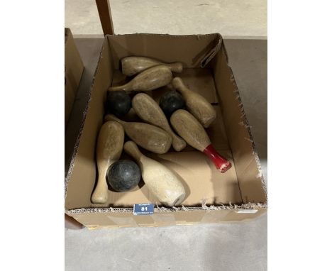 8 vintage wood skittles and three balls