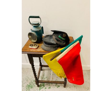 Selection of vintage British railway guards railway and signalling flags/warning, guards hat with large enamel badge and one 