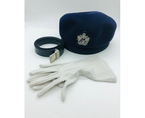 A Vintage British Airways Stewardess Hat, gloves and Belt. 