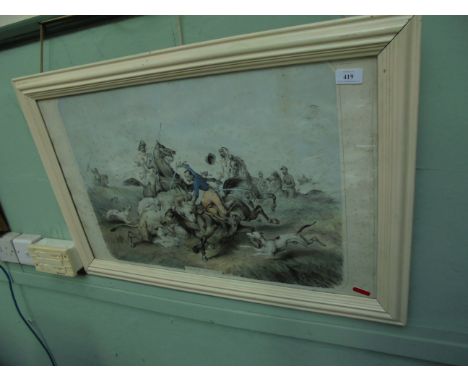 Painted white framed coloured print entitled 'Chassie Au Lion'