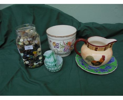 Magpie lot incl. jar of buttons, London Pottery Cockerel jug, multi-floral patterned Dresden bulb bowl, blue and green emboss