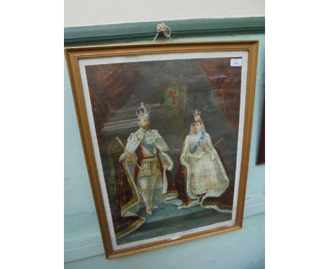 Framed coloured print of King George V and Queen Mary at their Coronation in 1911