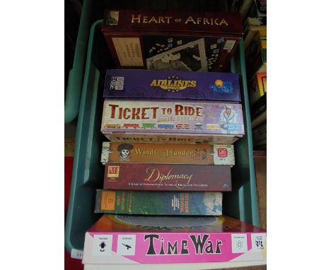 7 unused board games incl. Heart of Africa, Airlines Europe, Ticket to Ride, Winds of Plunder, Diplomacy, Outdoor Survival an
