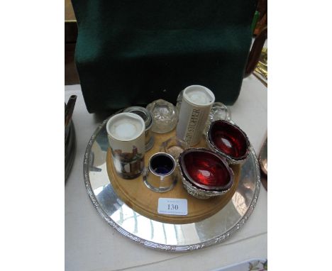 Circular plated and wooden breadboard, pair of ruby glass oval salts, plated mustards etc.
