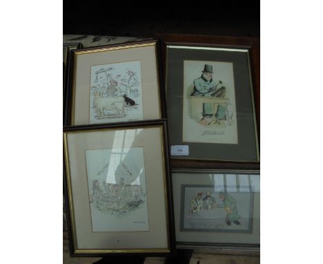 Coloured oak framed print of  Victorian Auctioneer, 2 comical Henry Brewis agricultural prints and another framed coloured pr