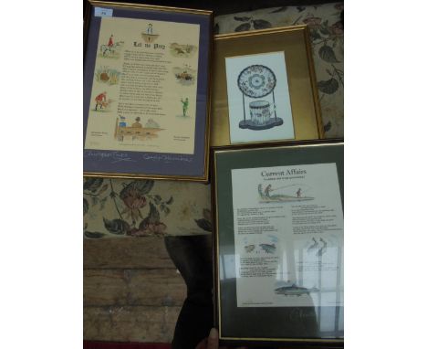 Signed Christopher Curtis fisherman's print 'Current Affairs', framed coloured rural pursuit print 'Let us Pray' and a framed