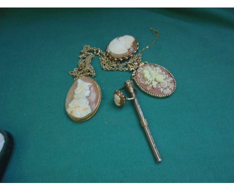 2 cameo brooches, cameo ring and a ladies damaged pencil with purple stone seal