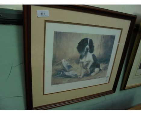 Framed signed John Trickett print of a black and white Spaniel puppy 