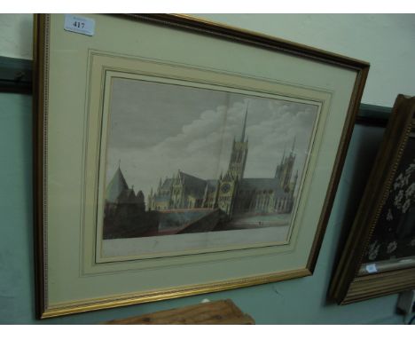Gilt framed coloured print of the north view of Lincoln Cathedral 