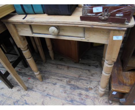 Stripped pine rectangular topped side table inset single drawer with bobbin handle on tapering turned legs