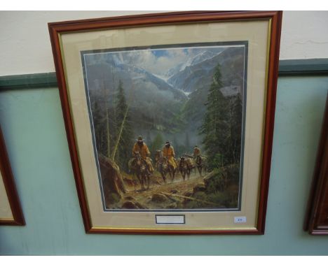 Framed limited edition coloured print by G. Harvey of mounted horseman along a mountain path 'In the Land of Alpine Pine Lake