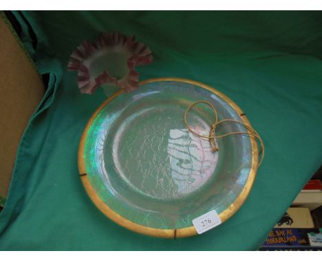 Heavy circular frosted glass serving dish and a fluted cranberry glass Edwardian lamp shade
