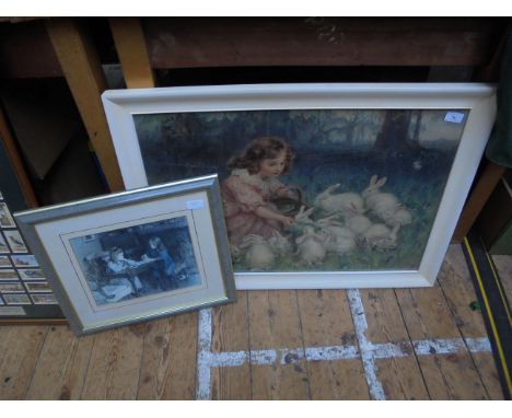 Large framed coloured print of a young girl feeding a family of white rabbits with another of a coloured print of 2 girls pla