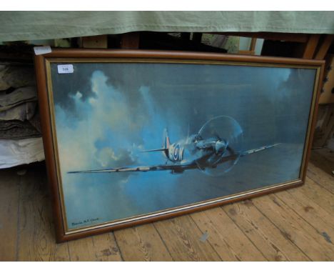 Large rectangular framed coloured print of a WW II Spitfire ex. Barrie A.F. Clark