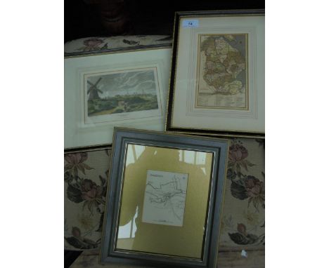 Framed coloured print of the town of Stamford, another of a map of the same town and a coloured map of the County of Lincolns