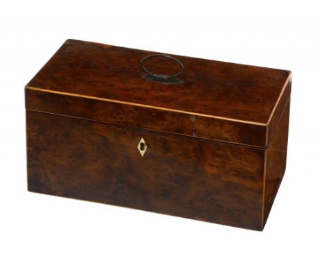 A REGENCY YEW WOOD AND LINE INLAID TEA CADDY, C1820 the fitted interior with pair of canisters and a contemporary cut glass j