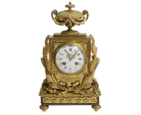 A FRENCH ORMOLU MANTLE CLOCK, LATE 19TH C  the enamel dial inscribed MARQUIS A PARIS, the movement with medallic backplate an