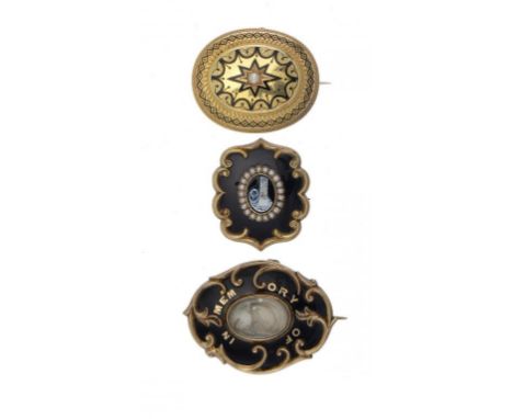 THREE VICTORIAN GOLD AND ENAMEL MOURNING BROOCHES  two engraved James Thomas Bishop died Nov 11 1878 aged 21 years or  In Aff
