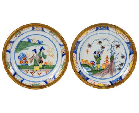 TWO DUTCH POLYCHROME DELFTWARE CHINOISERIE PLATES, 'GREEK A' FACTORY, PIETER KOCX, C1720 23.5cm diam, including later giltmet