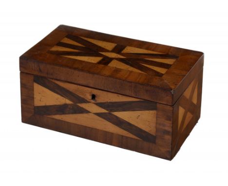 A VICTORIAN MAHOGANY, MAPLE AND ROSEWOOD TEA CADDY, C1840 with divided interior, 29cm w ++Lacks lock, minor knocks and marks 