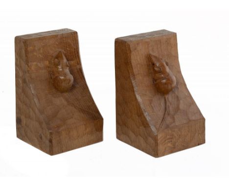 A PAIR OF ROBERT 'MOUSEMAN' THOMPSON OAK BOOK ENDS, SECOND HALF 20TH C  15cm h, with carved mouse 'signature' ++Both in fine 