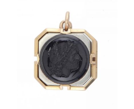 A PLATINUM AND GOLD LOCKET SET WITH TWO HARDSTONE CAMEOS, EARLY 20TH C 28 x 28mm, 30g ++In fine condition with a few light sc