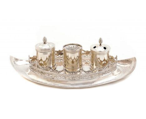 A SPANISH SILVER INKSTAND  with pieced gallery and detachable cylindrical inkwell/quill holder, waifer box and pounce pot, by