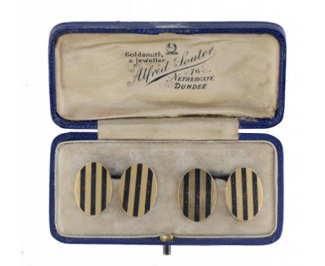 A PAIR OF UNUSUAL GOLD AND BLOODSTONE ENAMEL STRIPED CUFFLINKS, C1940 marked 18k, 10.7g  ++On one cufflink one of the three s