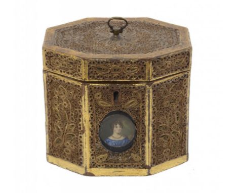 A REGENCY GILT QUILLED PAPER TEA CADDY, C1800  the front inset with a   miniature of young woman, the interior with inlaid wo