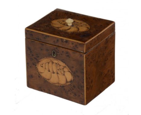 A GEORGE III YEW WOOD TEA CADDY  with shell paterae, 10.5cm h ++Small old veneer crack on lid, tiny loss to stringing, brass 
