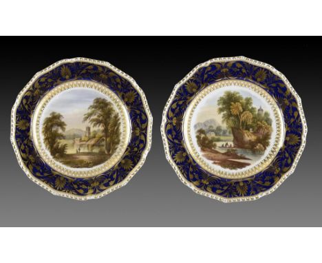 A PAIR OF DERBY PLATES, C1820  painted possibly by Daniel Lucas with landscapes, 22cm diam, painted mark and title In Cumberl