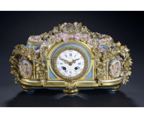 A FRENCH PORCELAIN CLOCK AND COVER, C1880  of breakarched form encrusted with gilt foliage and painted with oval medallions o