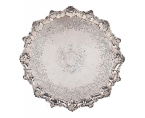 A GEORGE III SILVER SALVER engraved with armorials, 37cm diam, by Richard Rugg, London 1762, 38ozs ++In good condition with l