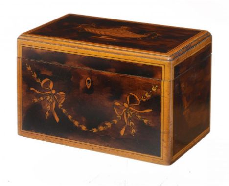 A GEORGE III MAHOGANY TEA CADDY, EARLY 19TH C inlaid at later date and decorated in penwork, the divided interior with pair o