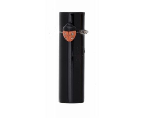 A FRENCH JEWELLED CORAL MOUNTED SILVER AND BLACK ENAMEL LIPSTICK HOLDER   BY CARTIER, C1935 60mm h, French control marks, sig