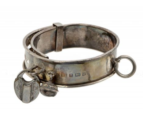 AN EDWARD VII SILVER DOG COLLAR   with two bells and plated padlock, engraved WILBURN BALMORAL ROAD DONCASTER, 7.5cm approx d