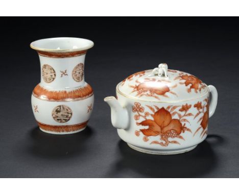 A CHINESE PORCELAIN TEAPOT AND COVER AND A SIMILAR VASE, 19TH C  with red printed monochrome decoration, teapot and cover 9cm