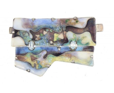 AN AQUAMARINE AND WHITE GOLD AND CLOISONNE ENAMEL ABSTRACT BROOCH approximately 67 x 41mm, 28g ++Undamaged, no restoration 