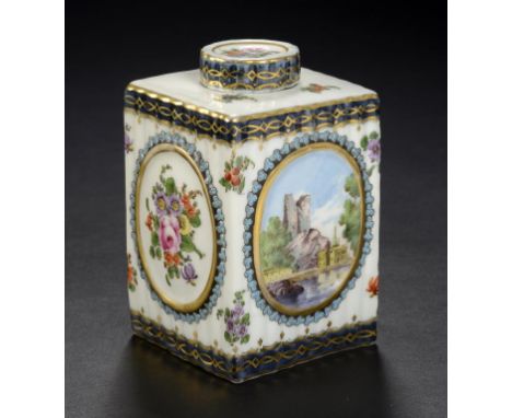A FRENCH PORCELAIN REEDED 'WORCESTER' TEA CANISTER AND COVER, C1900  painted with landscapes and flowers, 11cm h ++Cover brok