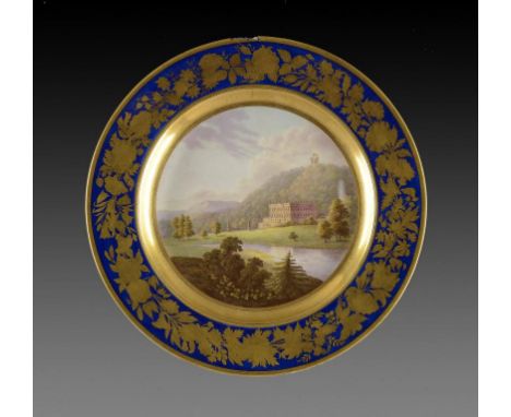 A   DERBY PLATE, C1795-1800  painted with a view of Chatsworth House, the Great Fountain and Hunting Tower beyond, in burnish