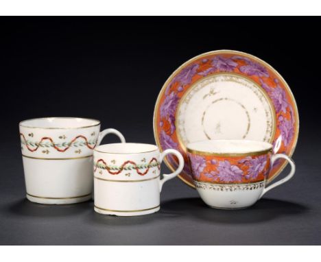 A PINXTON BUTE SHAPED TEACUP AND SAUCER, PATTERN 364, C1800  painted in purple monochrome on an orange band and gilt, saucer 